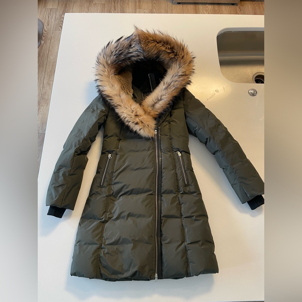 Mackage TRISH-F Powder Touch down coat with natural fur in Olive Green